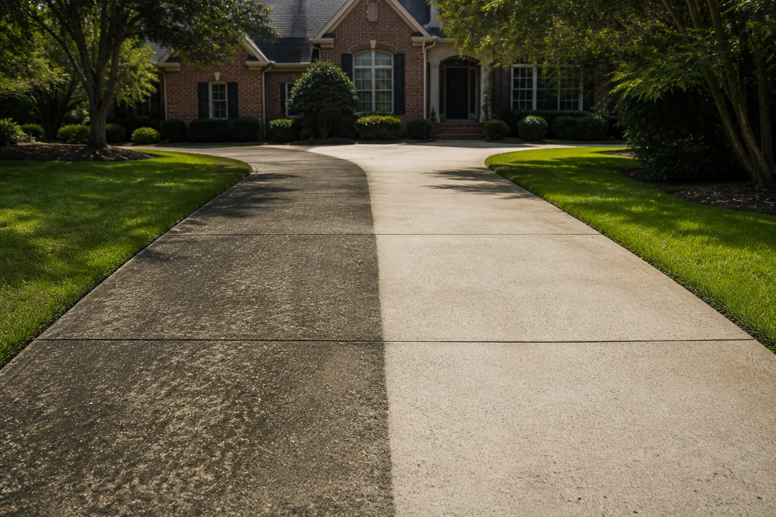 A concrete driveway half cleaned, one bright stripe cut through years of grime