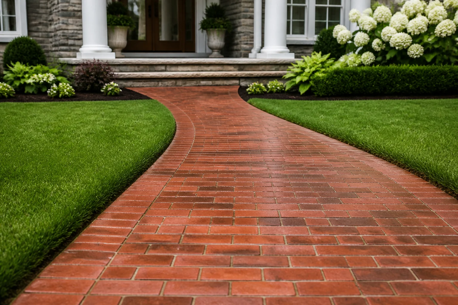 A clean brick walkway leading to a front porch, freshly washed