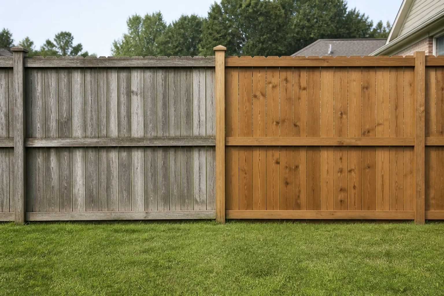 A wooden fence half cleaned, weathered gray on one side and warm cedar on the other.