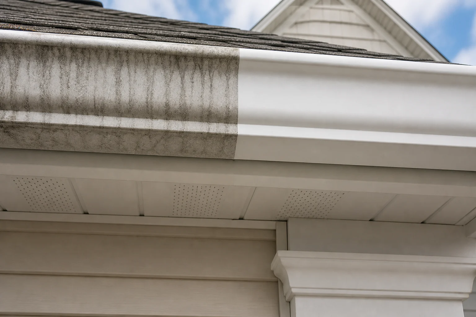 White gutters half cleaned, black streaks on one length and bright white on the other.