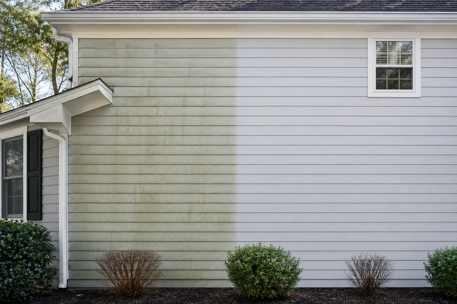 A house with siding half cleaned, green film on one side and clean white on the other.