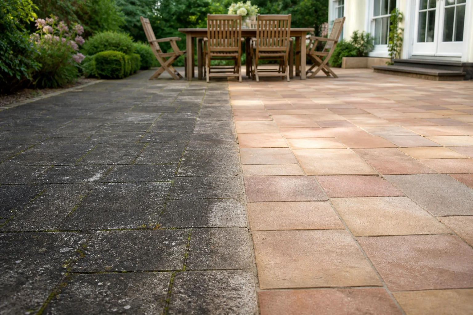A stone patio half cleaned, the washed side showing the true color of the pavers.