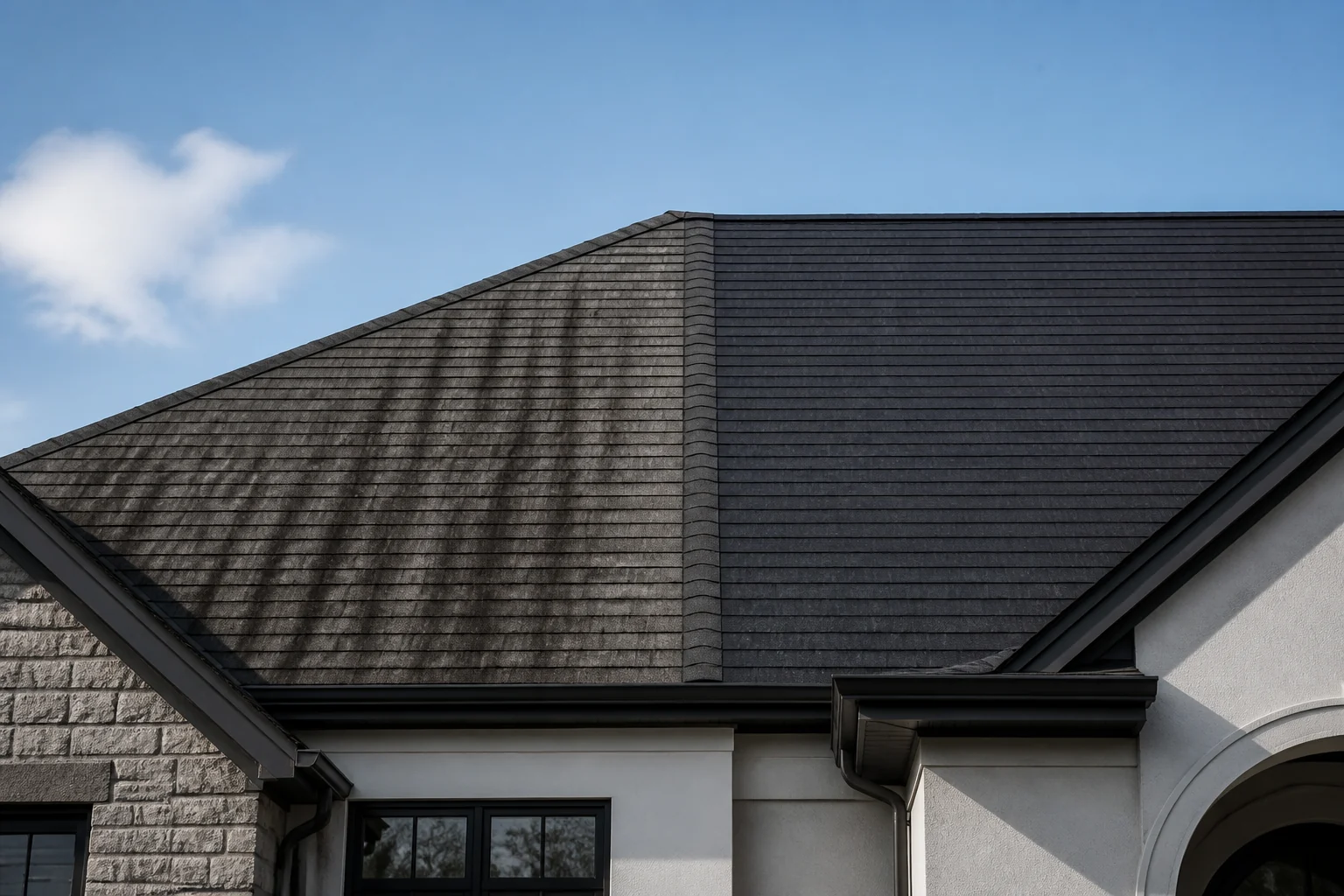 An asphalt roof half treated, dark algae streaks fading to clean shingles.
